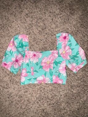 Gianni Bini Mint Floral Square-Neck Crop Top with Pink Blooms